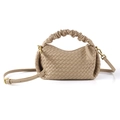 Khaki woven leather handbag with ruffled handle and adjustable crossbody strap - Apricot