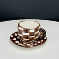Irregular handmade ceramic coffee cup and saucer set with brown checkerboard pattern - Brown Checkerboard Cup & Saucer