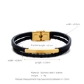 Men's double-layer black leather bracelet with braided cord and golden steel plate - Gold Double Strand (W-16-1)