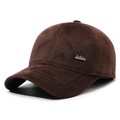 Winter dark brown corduroy baseball cap for men with ear protection and metal fashion badge - Adjustable / Coffee