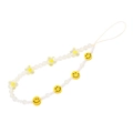 Evil eye phone charm with white pearls, transparent flowers and yellow smiley face - YR2713-White Pearl Yellow Smile