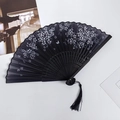 Classic black folding fan with white cherry blossom patterns, butterfly art and black tassel - Style 29