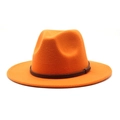 Detail of bright orange wool felt jazz hat with a dark brown slim leather decorative band - M (56-58cm) / Orange