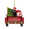 Christmas dachshund acrylic ornament with red truck and festive holiday greetings - Vintage Truck Style