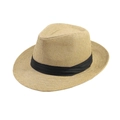 Detail of Panama straw hat featuring tight weave texture and black pleated ribbon trim - Adult 58cm One Size / Beige