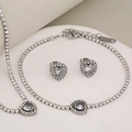 Silver stainless steel jewelry set featuring heart pendants with clear zircon stones - Silver Heart