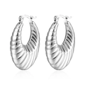 Minimalist silver textured hoop earrings with ribbed horn pattern on white background - Striped Oval Hollow (MS-010) / Steel