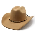 Classic camel wide brim western cowboy hat with decorative gold metal chain and leather band - M(56-58cm) / Camel