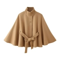 Detailed front view of camel wool cape coat with stand collar and waist belt detail - Khaki