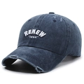 Distressed dark blue washed denim baseball cap with white 3D Renew embroidery - Adjustable / Navy Blue