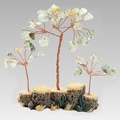Decorazione a tre alberi di cristallo con foglie verde e giallo su base a tronco - Prehnite