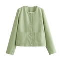 Short mint green tweed jacket for women featuring classic textured woven fabric - XS / Green