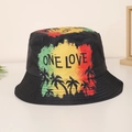 Reversible black bucket hat featuring Rasta palm tree print and One Love slogan - M (56-58cm) / Black Coconut Tree ONE LOVE