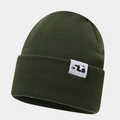 Detailed view of the dark green knitted beanie featuring a minimalist panda logo patch - Army Green