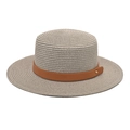 Detail of grey flat top straw hat with a brown leather band and gold metal buckle - M (56-58cm) / Light Gray