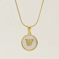 Golden 18K stainless steel snake chain necklace with a white shell letter W pendant - Letter W