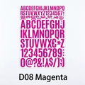 Close-up of magenta D08 vinyl stickers with uppercase letters and numbers on white background - 210x290mm / Magenta