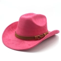 Détail d'un chapeau de cowboy en daim rose avec boucle marron et bord incurvé - M(56-59CM) / Rose Rouge (Daim)
