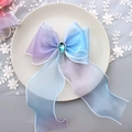 Detail of blue purple gradient organza bow hair clip with oval blue rhinestone center - 1218 Blue Rainbow with Diamonds