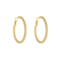 Macro shot of 18K gold plated stainless steel hoop earrings with spiral twist texture - Gold 30mm