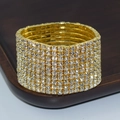Exaggerated multi-row rhinestone bridal stretch bracelet in a golden finish - 10 Row Gold Clear Rhinestone Bracelet