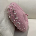 Pink wool beret with elegant pearls and sparkling rhinestones for women and kids - Pink