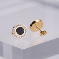 Elegant gold titanium steel round studs with black inlay and cubic zirconia stones - Gold