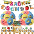 Kit de décoration Back to School avec bannières, ballons et garnitures de gâteaux - Set A: Bannière + 18 Ballons (6 Jaunes 6 Roses 6 Bleus) + 16 Toppers + 2 Rubans