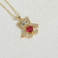 Golden bear necklace with a red heart gemstone and cubic zirconia pavé setting - Rose Red Heart (XL2572-6)