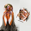 Floral butterfly satin silk square scarf in vibrant orange and white print - L7344-Orange