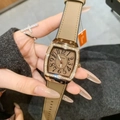 Women's rose gold tonneau watch with beige leather strap and diamond-set bezel - Rose Gold Grey