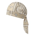 Beige paisley durag featuring long straps and silky stretch fabric for head wrapping - Khaki
