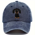 Gewassen donkerblauwe denim baseballpet met een schattige cartoon teckelprint op de voorkant - Eén maat / Gewassen Marine