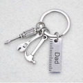 Silver stainless steel tool keychain for Dad featuring hammer, wrench and screwdriver - DAD / Steel