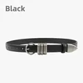 Women's black leather belt with silver metal rings and pointed metallic tip detail - Black