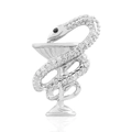 Detailed view of silver Bowl of Hygieia brooch featuring crystal-encrusted snake emblem - Silver Bowl of Hygieia