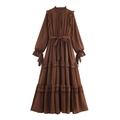Elegante abito marrone a maniche lunghe stile francese con volant e gonna a balze - XS / Marrone Scuro