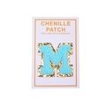 Detail of self-adhesive sky blue chenille letter M patch with gold glitter borders - Light Blue Letter M