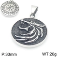 Silver Viking wolf pendant with Vegvisir compass engraving, 33mm diameter steel jewelry - Round Wolf Head Vegvisir Pendant (KP116661-MZOZ)