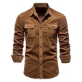 Detail shot of brown corduroy shirt showing dual chest pockets and ribbed texture - S / Tops / Dark Brown