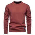 Détail du pull en maille rouge brique montrant l'étiquette S et le col rond côtelé - Rouge Brique
