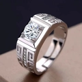 Men's 18K white gold plated ring with moissanite and classic Greek fret pattern - Adjustable Open / Male Style