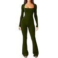 Slim fit dark green long sleeve jumpsuit with square neck and flared leg silhouette - S / White
