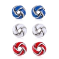 Macro detail of zinc alloy woven knot earrings in blue, white, and red enamel finish - Earring Set 2-Red White Blue Spherical Knot Stud Earrings Set of 3 Pairs