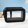 Rectangular black PU waterproof toiletry bag with clear window and dual zippers - Double Layer / Phantom Black