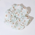 White lace floral scrunchie with orange flower prints and green leaves hair accessory - White Lace Floral