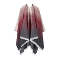 Detail of knitted poncho featuring wine red gradient stripes and fringe trim - One Size / Gradient Stripe - Black