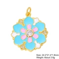 Detailed view of flower charm with colorful enamel and zircon, size 24.2*21.4mm - Light Blue Pink Petals