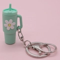 Mint green mini tumbler keychain with white daisy pattern and silver lobster clasp accessory - Mint Green Flower Cup Keychain