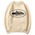 Men's Y2k long sleeve crewneck sweatshirt in apricot with oval scenic landscape print - Khaki (Black Print)